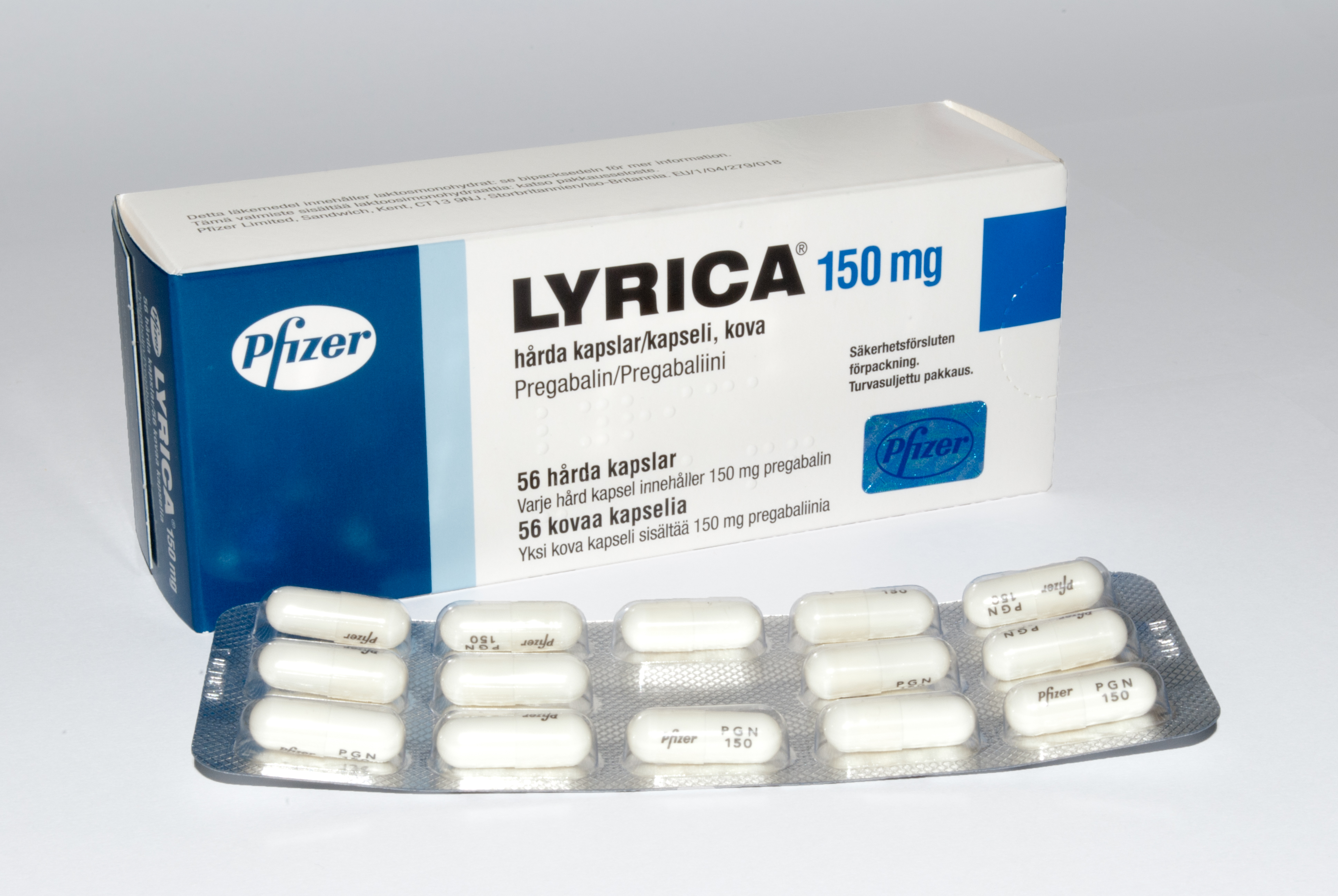 Lyrica (pregabalin) 150 mg packaging in Finland.